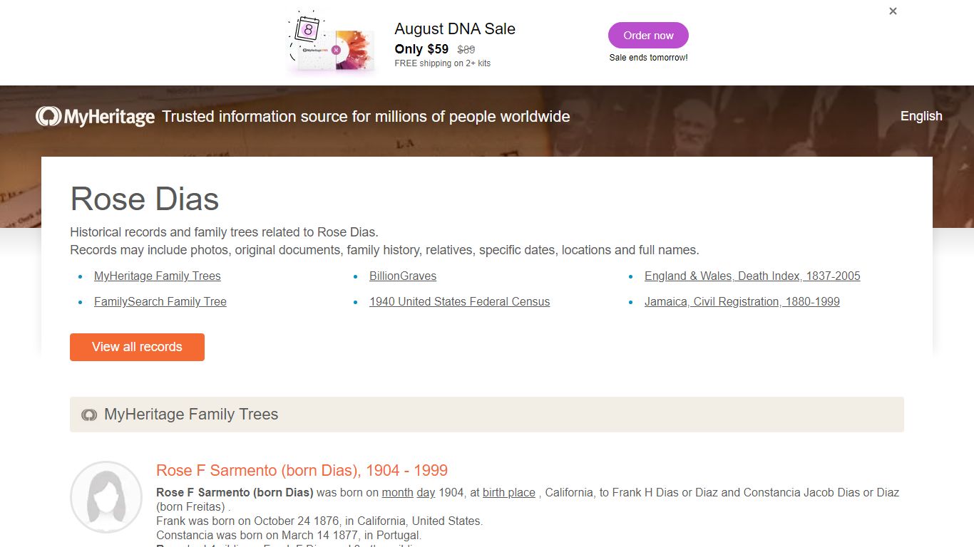Rose Dias - Historical records and family trees - MyHeritage